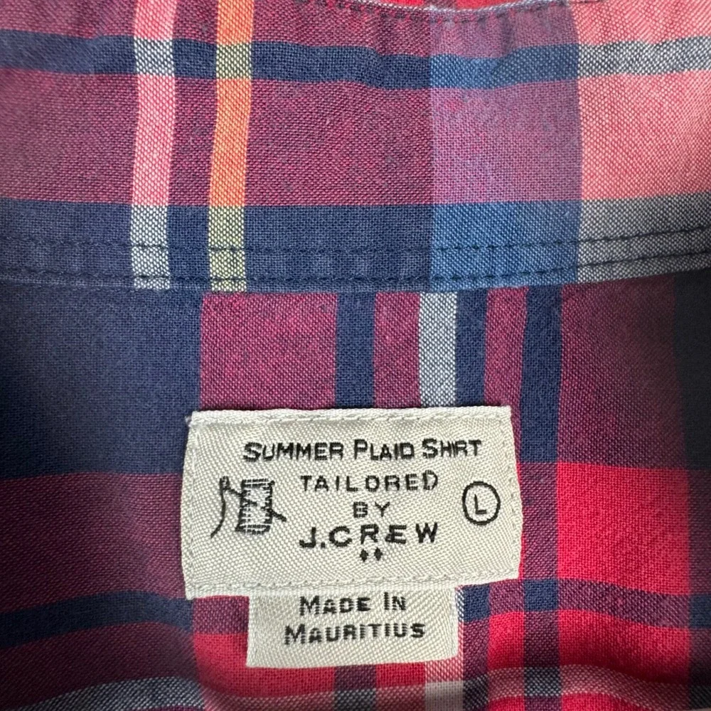 Vtg J. Crew Summer Plaid Button Down Shirt Men Red Blue Large Long Sleeve Pocket
